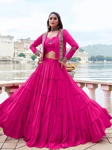 Pink Rayon Mirror Gamthi Lehenga Choli with  10 Meters Flair