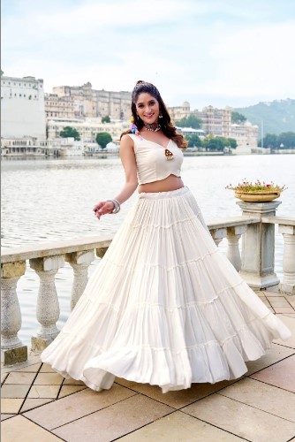 White Rayon Mirror Gamthi Lehenga Choli