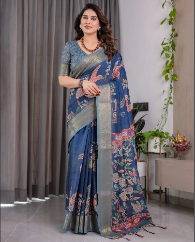 Teal Blue Digital Floral Linen Saree