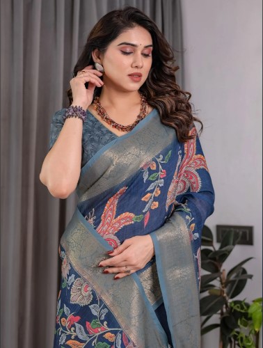 Teal Blue Digital Floral Linen Saree