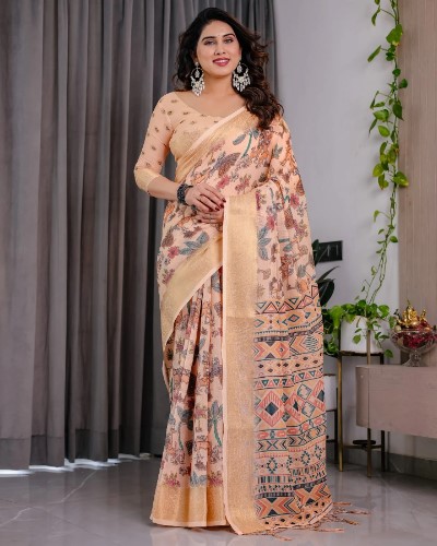 Pure Handloom Linen Floral Printed Saree,