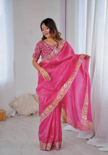 Hot Pink Gold Crush Saree