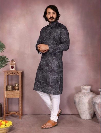 Black Premium Cotton Designer Mens Kurta