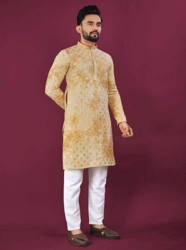 Lucknowi Yellow Pure Rayon Elegance Kurta Pajama