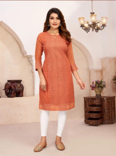 Sunset Orange Chikankari Kurti