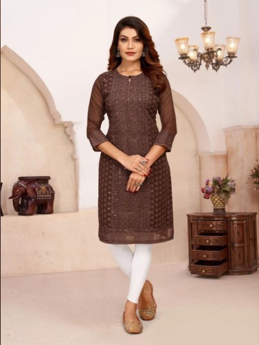 Brown Georgette Chikankari Kurti
