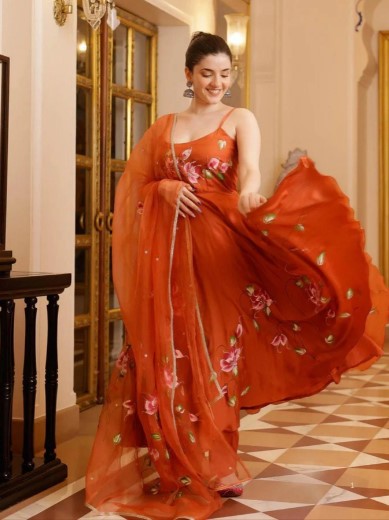 Orange Printed Georgette Anarkali Kurti Set