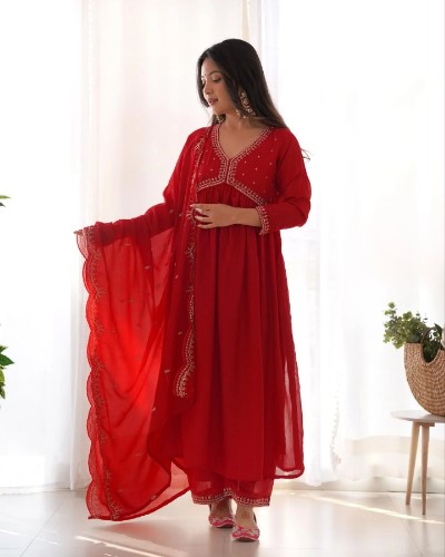 Red Vichitra Silk Embroidered A-Line Kurta Set