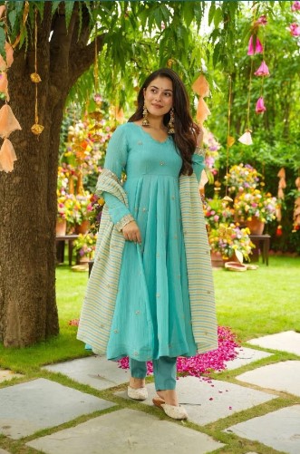 Aqua Blue Faux Georgette Gown Style Kurti with Pant and Dupatta