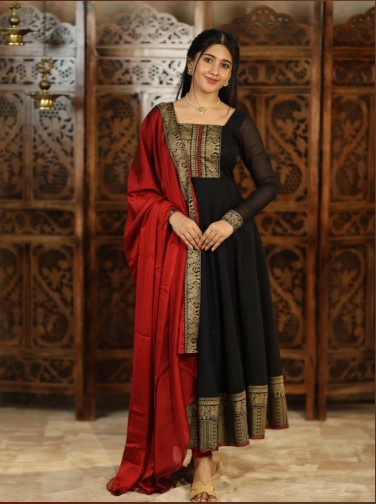 Black Vichitra Silk Suit with Jacquard Lace and Dupatta