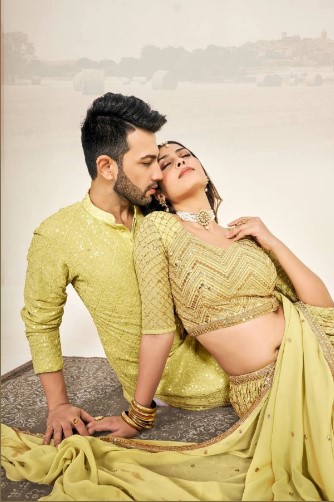 Haldi Ceremony Couple Dress Georgette Lehenga with Kurta Pajama