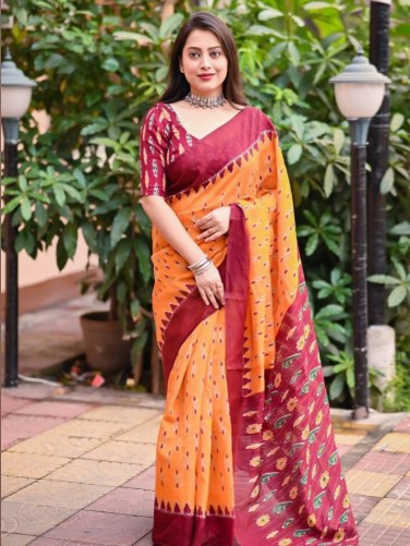 Yellow Beige Printed Linen Cotton Saree