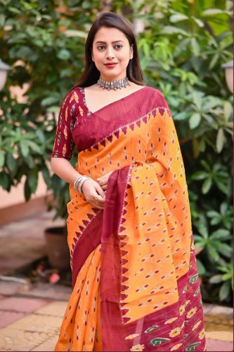 Yellow Beige Printed Linen Cotton Saree