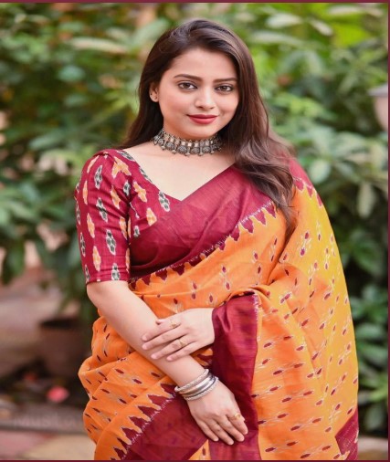 Yellow Beige Printed Linen Cotton Saree