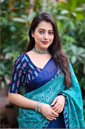 Blue beige color linen cotton saree