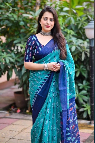 Blue beige color linen cotton saree