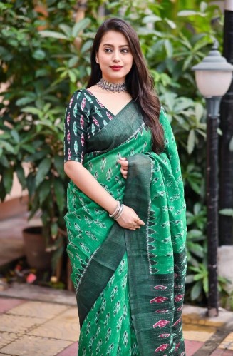 Elegant Green Linen Cotton Printed Saree