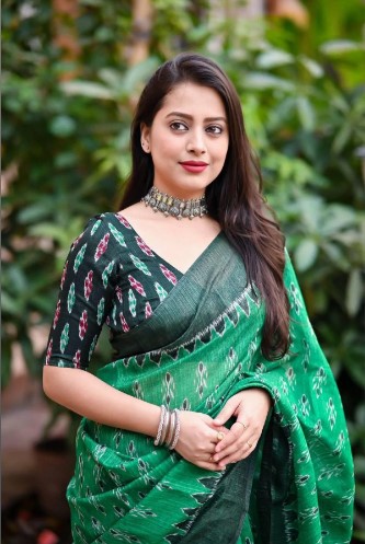 Elegant Green Linen Cotton Printed Saree