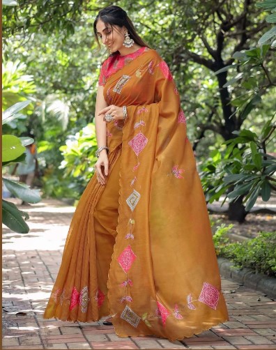Dusty Orange Cotton Printed Saree