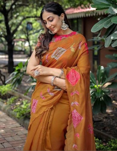 Dusty Orange Cotton Printed Saree
