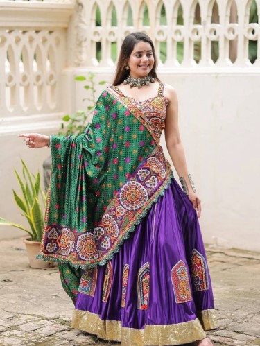 Muslin Mirror Work Lehenga Choli With Embroidered Blouse