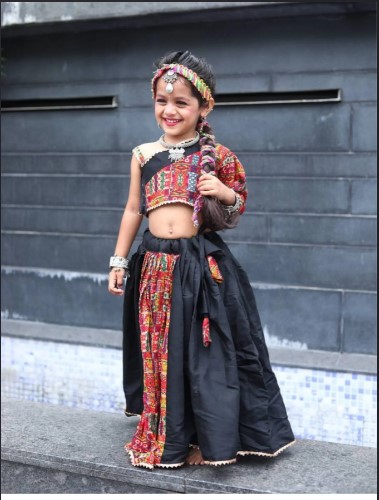 Black Roman Silk Kids Navratri Lehenga Choli