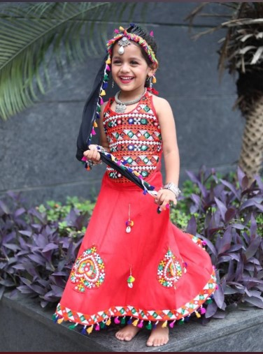 Red Roman Silk Kids Lehenga Choli