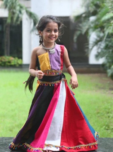 Multi Color Roman Silk Kids Navratri Lehenga Choli