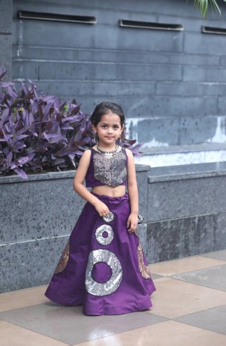 Purple Color Heavy Roman Silk Kids Navratri Lehenga Choli