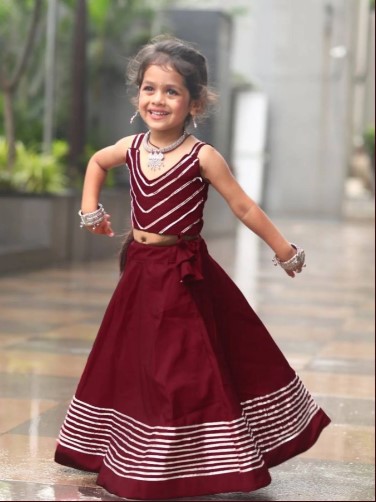 Maroon Premium Roman Silk Kids Garba Lehenga Choli