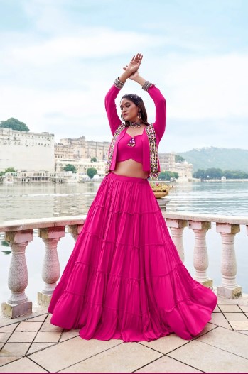 Pink Rayon Mirror Gamthi Lehenga Choli with Koti