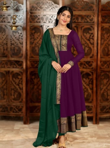Purple Vichitra Silk Embroidered Kurti Set