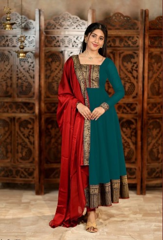 Bottle Green Vichitra Silk Suit with Jacquard Border Dupatta
